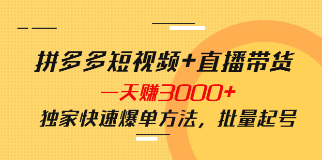 （3948期）拼多多短视频+直播带货，一天赚3000+独家快速爆单方法，批量起号-副业项目资源网