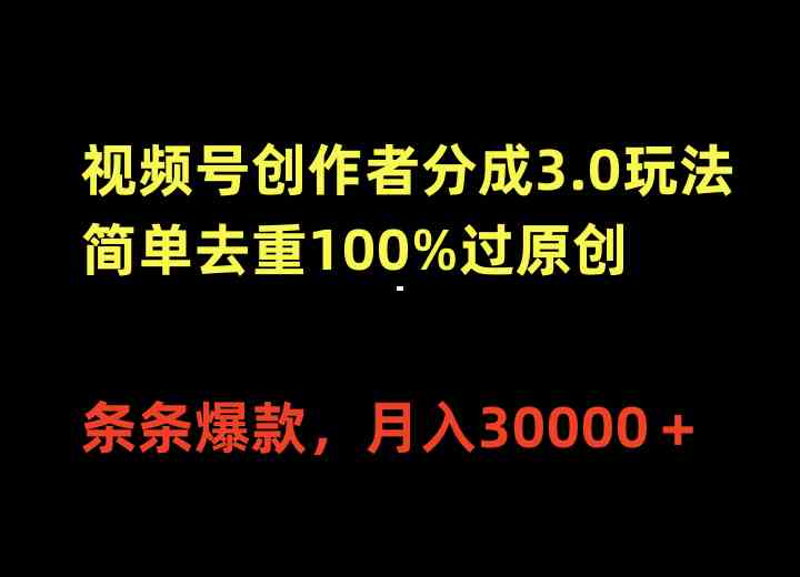 （10002期）视频号创作者分成3.0玩法，简单去重100%过原创，条条爆款，月入30000＋-副业项目资源网