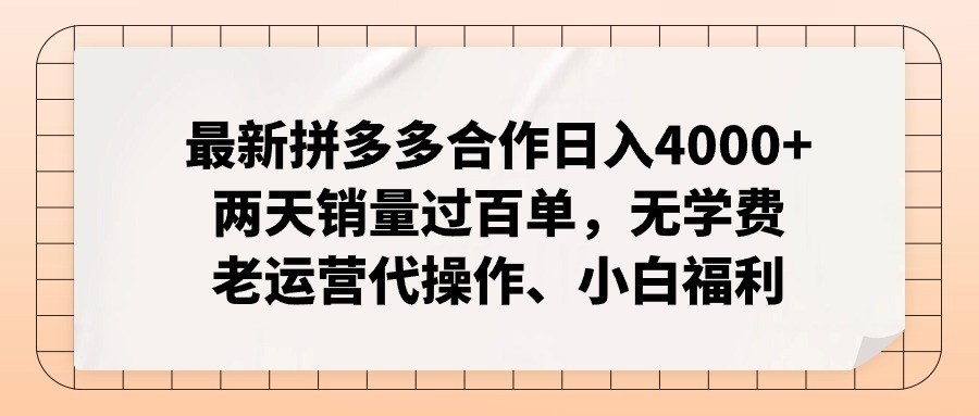 （12869期）拼多多最新合作日入4000+两天销量过百单，无学费、老运营代操作、小白福利-副业项目资源网