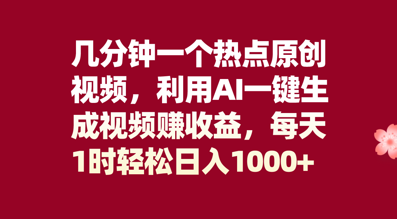 （8083期）几分钟一个热点原创视频，利用AI一键生成视频赚收益，每天1时轻松日入1000+-副业库