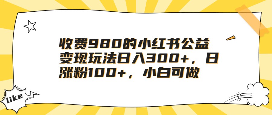 收费980的小红书公益变现玩法日入300+，日涨粉100+，小白可做-副业库