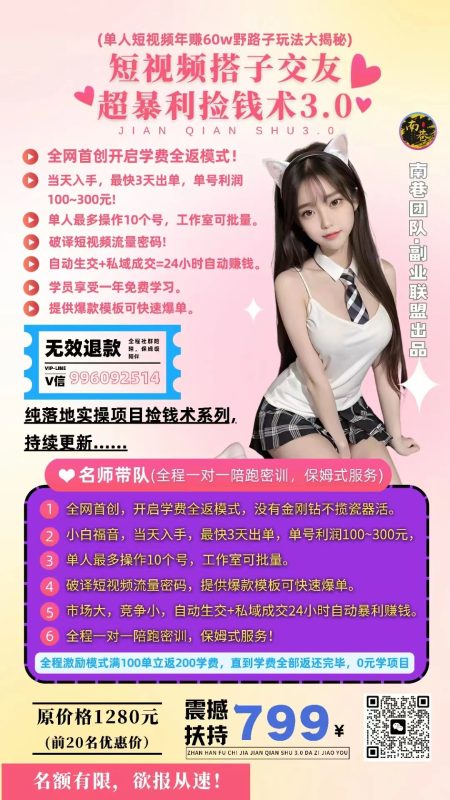 单人短视频年赚60w野路子玩法大揭秘(短视频搭子交友超暴利捡钱术3.0)-副业库