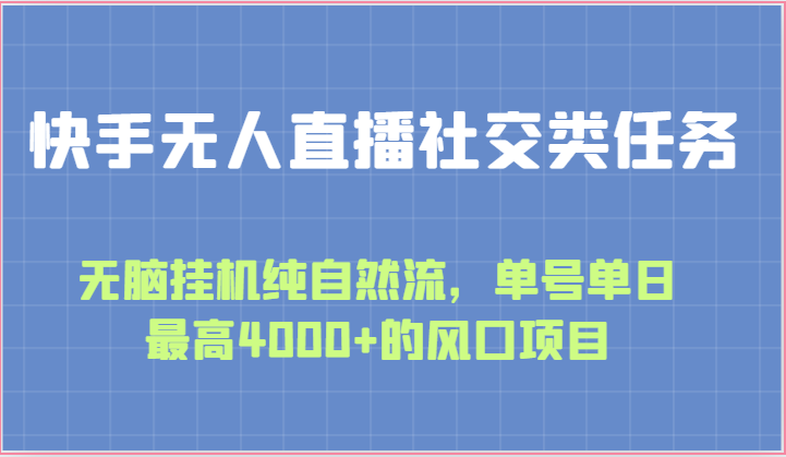 快手无人直播社交类任务：无脑挂机纯自然流，单号单日最高4000+的风口项目-副业库