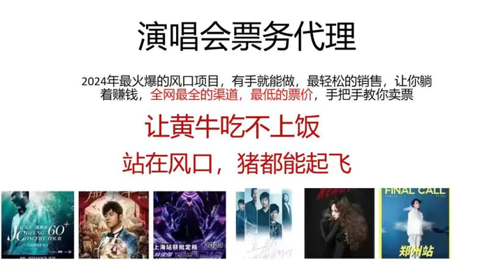 演唱会票务代理，2024年最火爆风口项目，全网最低的票价，小白一分钟上手日入2000+-副业库