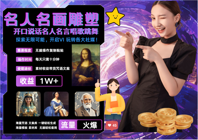 名画名人名言超强反转唱歌跳舞说话   吸睛火爆流量爆炸  每天三分钟 月入过万-副业库