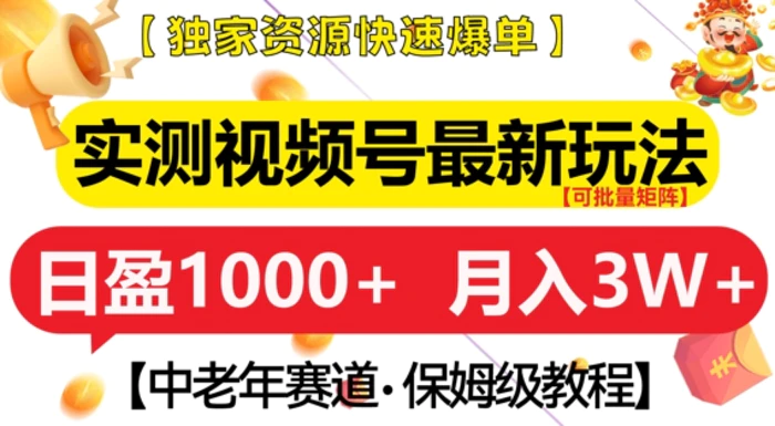 实测视频号最新玩法，中老年赛道，独家资源，月入过W+【揭秘】-副业库