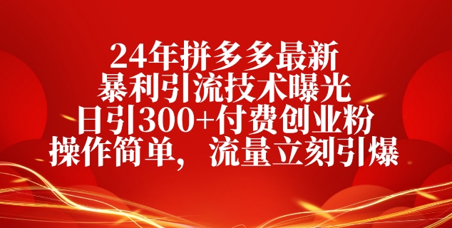 24年拼多多最新暴利引流技术曝光，日引300+付费创业粉，操作简单，流量立刻引爆-副业库