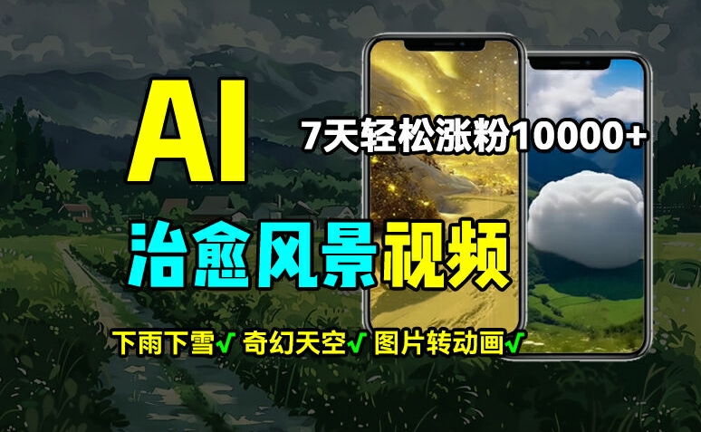 AI制作治愈风景，7天涨粉过万，落地云下雨下雪等场景制作，上手快操作简单-副业库