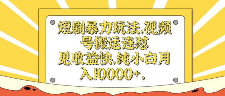 短剧暴力玩法，视频号搬运连怼，见收益快，纯小白月入1w-副业库