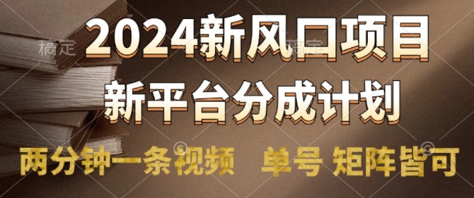 2024风口项目，新平台分成计划，两分钟一条视频，单号 矩阵皆可操作轻松上手月入9000+-副业库
