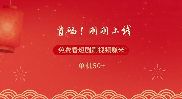 首码，刚刚上线，免费看短剧刷视频赚米，单机50+-副业库