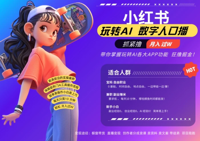 小红书数字人暴力起号，AI改写文案，再也不用费劲录口播，流量火爆月入破W轻松拿捏-副业库