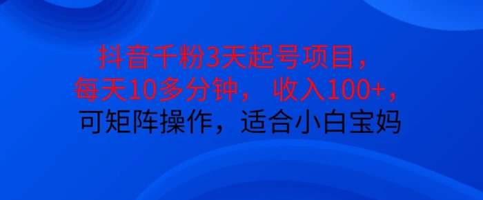 抖音干粉3天起号项目，每天10多分钟，收入100+，可矩阵操作，适合小白宝妈-副业库