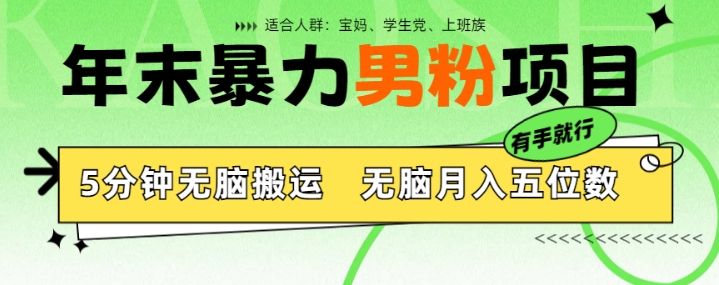 年末暴力男粉项目，5分钟无脑搬运，无脑月入五位数，举一反三，放大收益-副业库