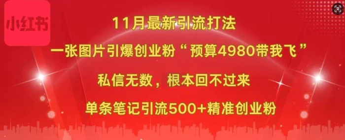 小红书11月最新图片打粉，一张图片引爆创业粉，“预算4980带我飞”，单条引流500+精准创业粉-副业库