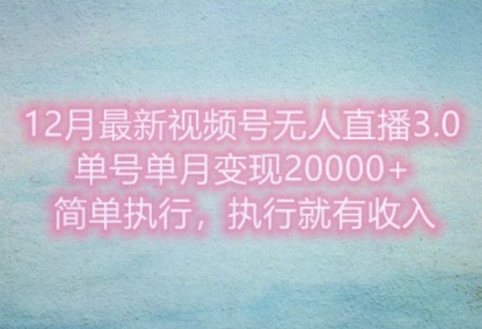 12月最新视频号无人直播3.0，单号单月变现过w，简单执行，执行就有收入-副业库