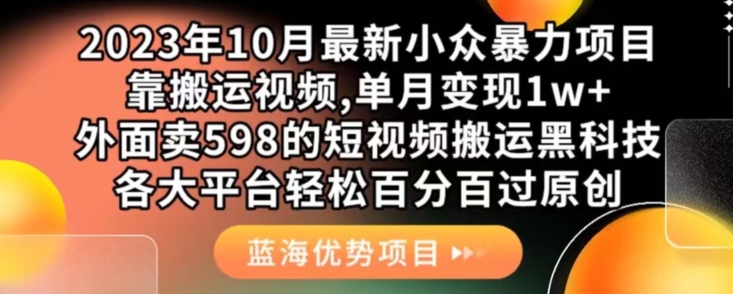2023年10月最新小众暴力项目，靠搬运视频,单月变现1w+，外面卖598的短视频搬运黑科技，各大平台轻松百分百过原创-副业库