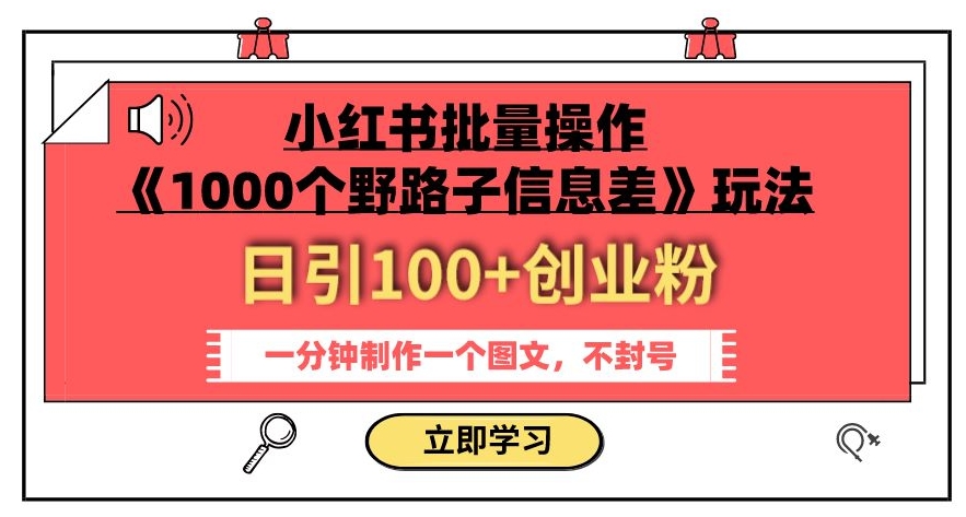 小红书批量操作《1000个野路子信息差》玩法，一分钟制作一个图文，不封号，日引100+创业粉-副业库