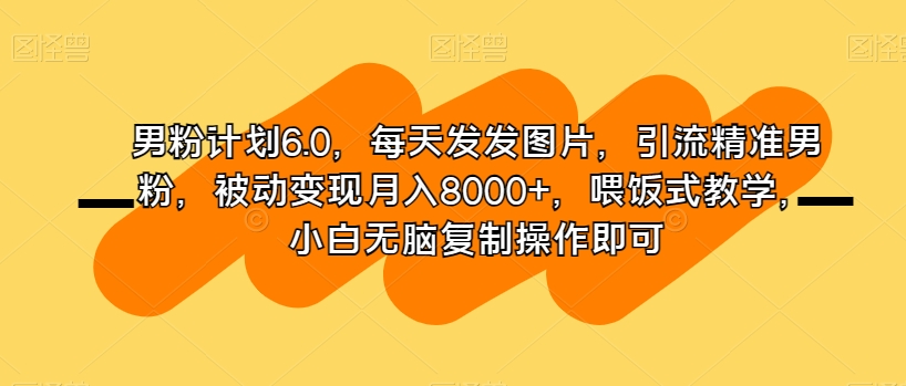 男粉计划6.0，每天发发图片，引流精准男粉，被动变现月入8000+，喂饭式教学，小白无脑复制操作即可-副业库