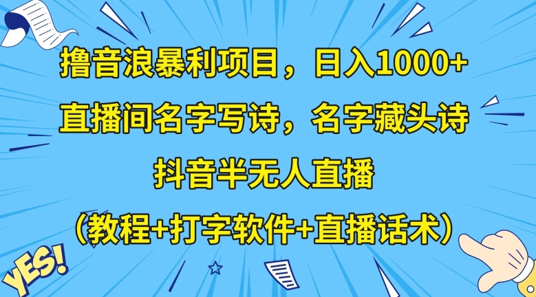 撸音浪暴利项目，日入1000+，直播间名字写诗，名字藏头诗，抖音半无人直播（教程+打字软件+直播话术）【揭秘】-副业库
