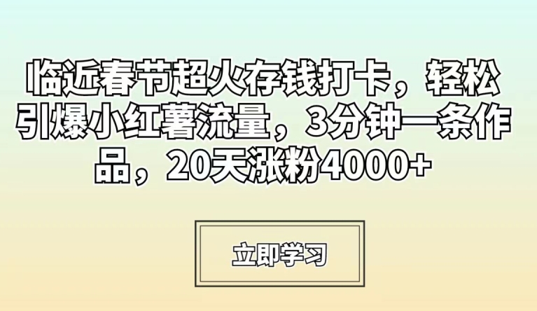 临近春节超火存钱打卡，轻松引爆小红薯流量，3分钟一条作品，20天涨粉4000+-副业库