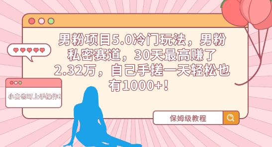 男粉项目5.0冷门玩法，男粉私密赛道，30天最高赚了2.32万，自己手搓一天轻松也有1000+-副业库