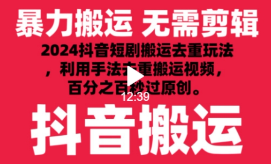 2024最新抖音搬运技术，抖音短剧视频去重，手法搬运，利用工具去重，达到秒过原创的效果-副业库