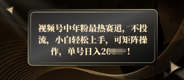 视频号中年粉最热赛道，不投流，小白轻松上手，可矩阵操作-副业库