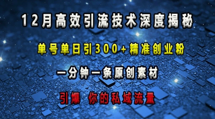 最新高效引流技术深度揭秘 ，单号单日引300+精准创业粉，一分钟一条原创素材，引爆你的私域流量-副业库