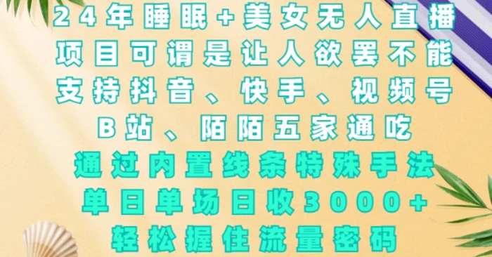 2024年睡眠+美女无人直播，通过内置线条特殊手法，单场日收3k+，轻松握住流量密码-副业库