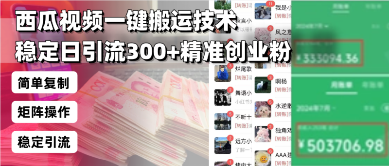 （13961期）西瓜视频一键搬运技术，稳定日引流300+精准创业粉，简单可复制给团队，…-副业库