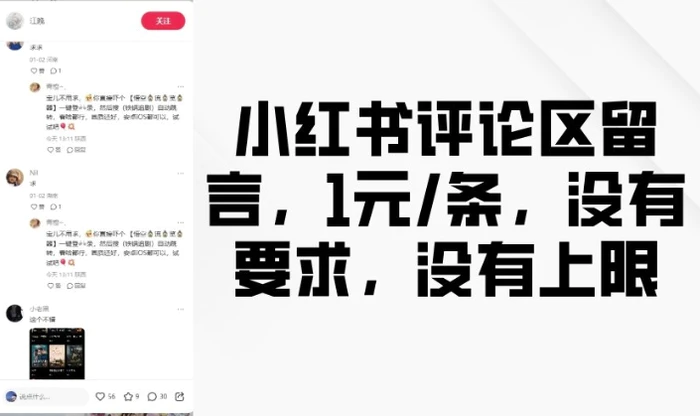 小红书评论区留言，1元条，没有要求，没有上限-副业库