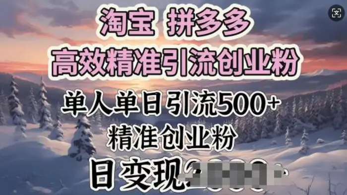 淘宝拼多多高效精准引流创业粉，单人单日引流500+创业粉，日变现多张-副业库
