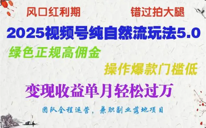 2025视频号纯自然流玩法5.0，绿色正规高佣金，操作爆款门槛低，变现收益单月轻松过万-副业库