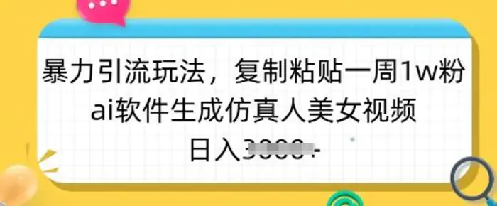 暴力引流玩法，复制粘贴一周1w粉，ai软件生成仿真人美女视频，日入多张-副业库