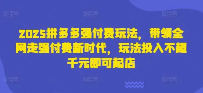 2025拼多多强付费玩法，带领全网走强付费新时代，玩法投入不超千元即可起店-副业库