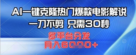 AI一键克隆热门爆款电影解说，一刀不剪，只需30秒，多平台分发，月入6k-副业库