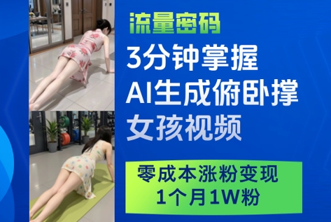 3分钟掌握AI生成俯卧撑女孩视频，零成本涨粉变现，1个月1W粉-副业库