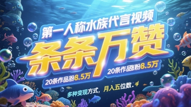 第一人称水族代言视频，条条万赞，20条作品涨粉7.8W，多种变现方式月入五位数-副业库