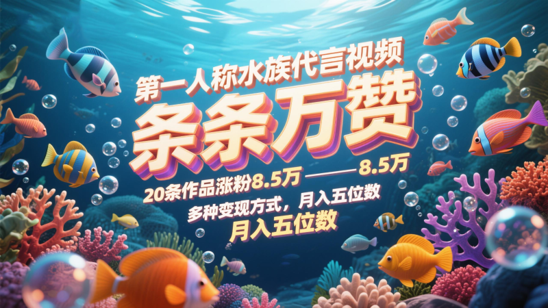 第一人称水族代言视频，条条万赞，20条作品涨粉8.5万，多种变现方式月，入五位数-副业库