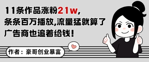 11条作品涨粉21W，条条百W播放，流量猛就算了，广告商也追着给钱-副业库