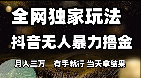 全网独家玩法抖音无人暴力撸金，月入3W，有手就行，当天拿结果-副业库