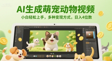 AI生成萌宠动物视频，小白轻松上手，多种变现方式，日入4位数-副业库