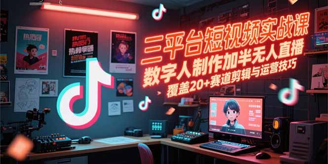 三平台短视频实战课，数字人制作加半无人直播，覆盖20+赛道剪辑与运营技巧-副业库
